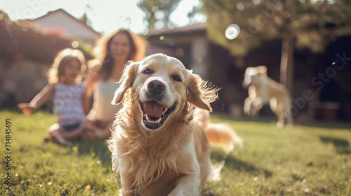 Happy family playing with happy golden retriever dog on the backyard lawn. photo