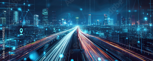 Cityscape with futuristic AI-powered infrastructure  such as smart traffic lights and autonomous vehicles  representing the smart cities of the future