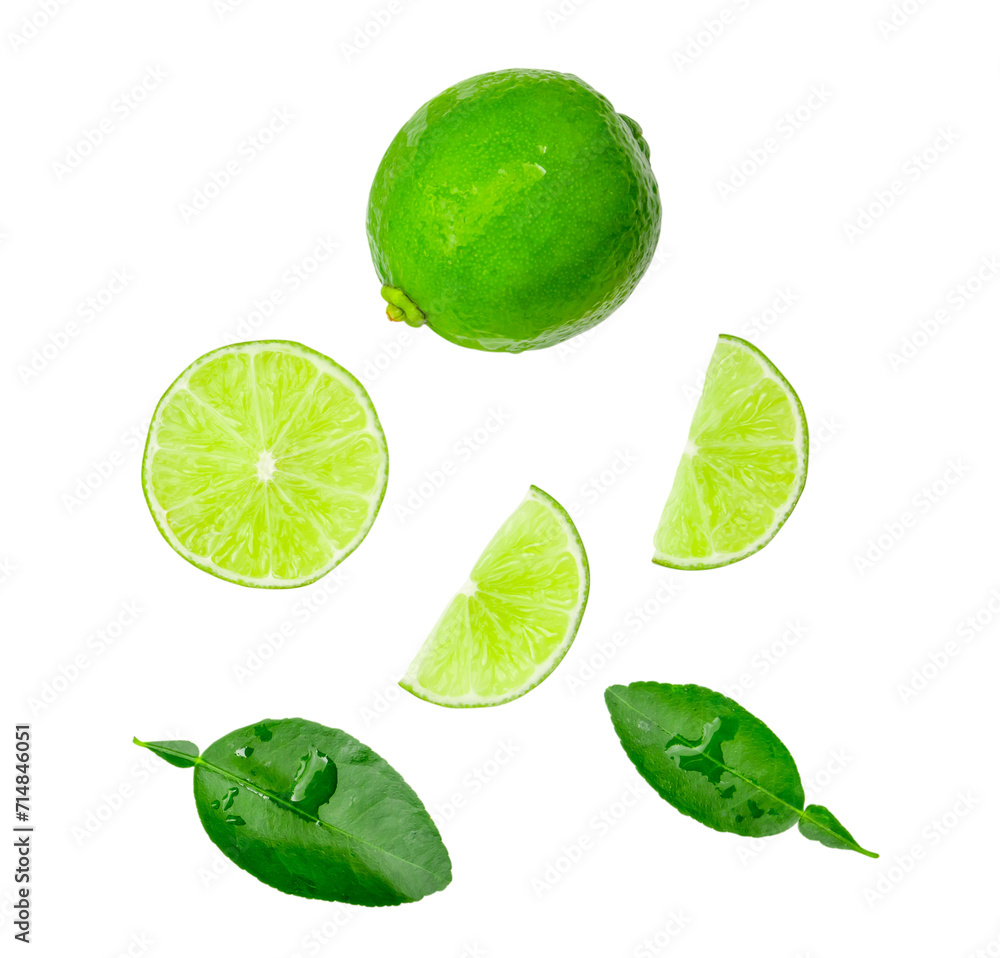 Top view set of green lemon fruit and half with slice or quarter and leaves isolated on white background with clipping path