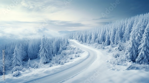 A winter scene with a road in the foreground and trees in the background Image