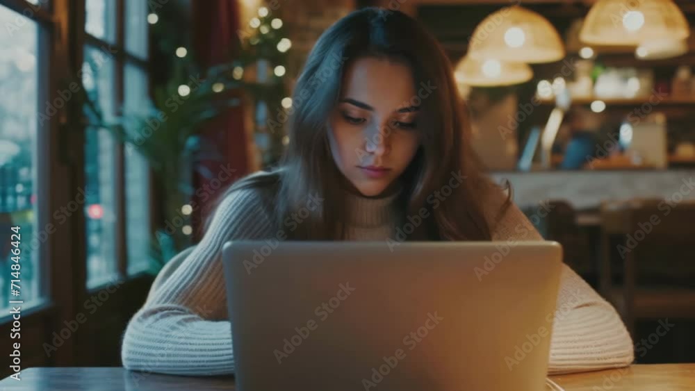 Digital nomad millennial woman work from cafe, working anywhere. European female freelancer type laptop remotely. Student girl study with computer. Young adult person freelance job career. Digital nomad millennial woman work from cafe, working anywhere. European female freelancer type laptop remotely. Student girl study with computer. Young adult person freelance job career.