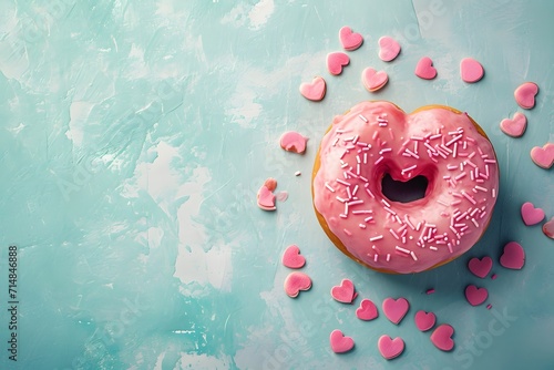 Pink donuts with sprinkles and heart on blue background.