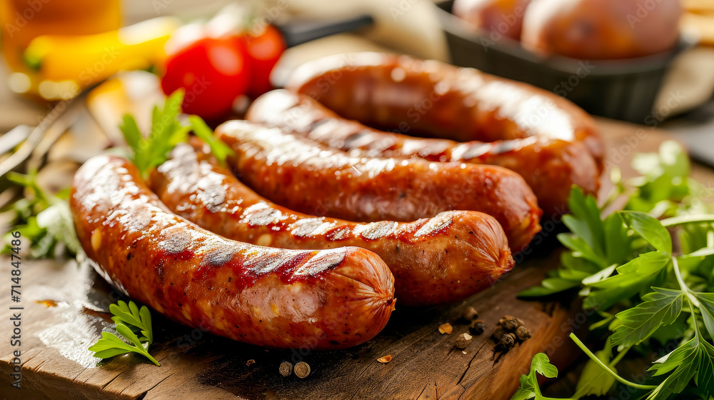 Juicy Grilled Sausages on Wooden Board
