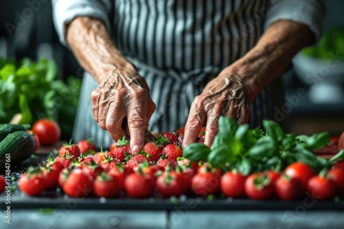 Women's old hands prepare a fresh salad of organic vegetables on the table