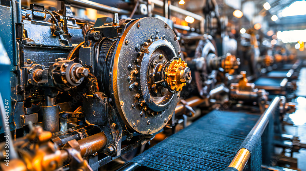 Fototapeta premium Mechanical engine closeup, emphasizing automotive technology and vintage industrial design.