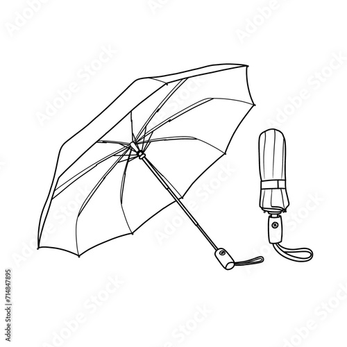 Technical sketch drawing of Portable, Folding, Compact Umbrella Line art. Hand drawn colored Vector illustration. Cartoon style. suitable for your umbrella design, Isolated on white background
