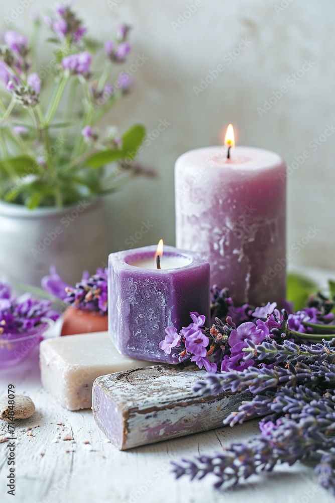 Spa, purple salts and lit candle with lilac flowers Spa, purple salts and lit candle with lilac flowers