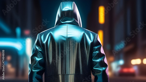 A man stands with his back in a halographic neon jacket with a hood.