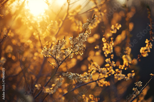 Beautiful golden morning sunrise over spring trees © Irina Bort