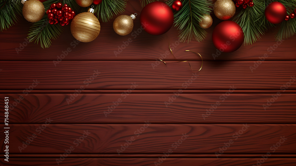 a red christmas background with leaves balls with copy space a red christmas background with leaves balls with copy space