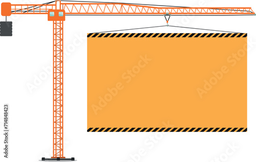 Construction Civil Tower Crane with Poster Icon in Flat Style. Vector Illustration