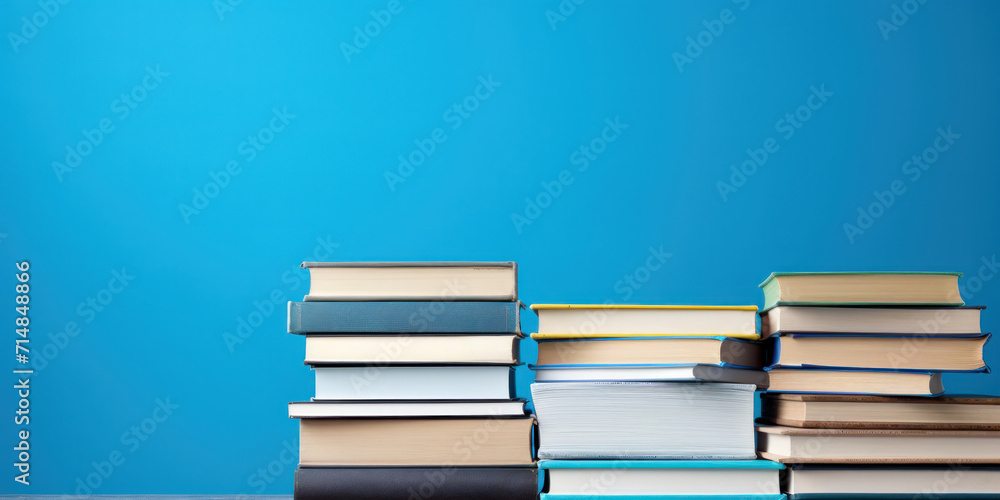 Stacks of books on a blue background. Free space for product placement or advertising text. Stacks of books on a blue background. Free space for product placement or advertising text.
