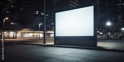 Large blank citylight banner on a night street. Free space for product placement or advertising text.