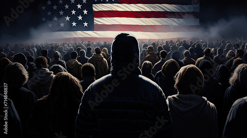 Rear view silhouettes of a group of people at a mass demonstration or protest with the USA flag in the sky. photo
