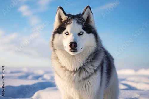 Siberian Husky dog on a snowy winter background in the Arctic