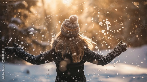 Young girl throwing snow in the air at sunny winter day, back view