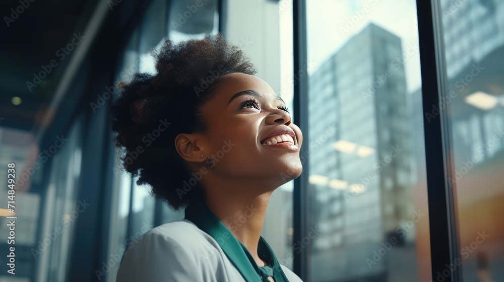 African young business woman looking at the window African young business woman looking at the window