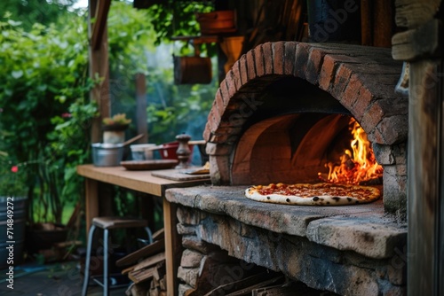 Delicious fresh Italian pizza lies near the oven, baked in a wood-burning oven