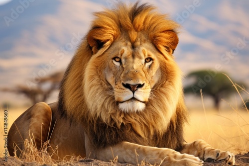 A large lion lying on the grass against the background of the savannah