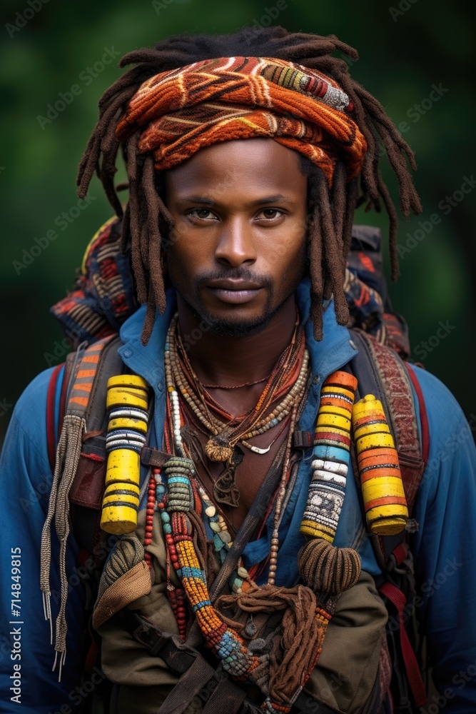 Portrait of an African man in traditional clothes on a black background