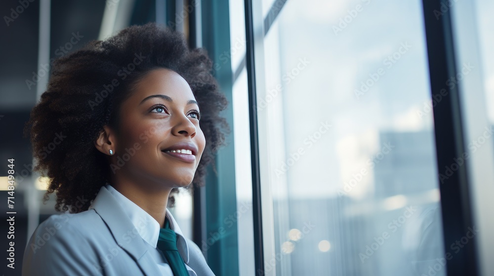 African young business woman looking at the window African young business woman looking at the window