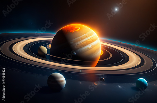 Abstract image of galactic space with abstract planets, dark sky background