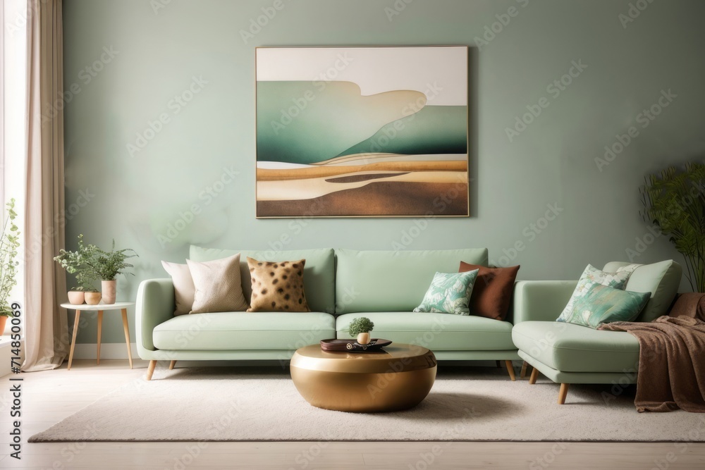 Scandinavian interior home design of modern living room with green sofa and wooden furniture with houseplants, poster frame abstract art copy space Scandinavian interior home design of modern living room with green sofa and wooden furniture with houseplants, poster frame abstract art copy space