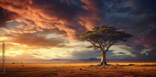 Solitary acacia tree at sunset in the serene African savannah, with warm golden hues and a dramatic sky.