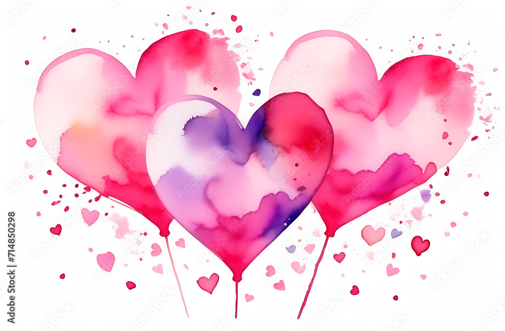 Three heart balloons and confetti on a white background, watercolor pastel greeting card for Valentine's day