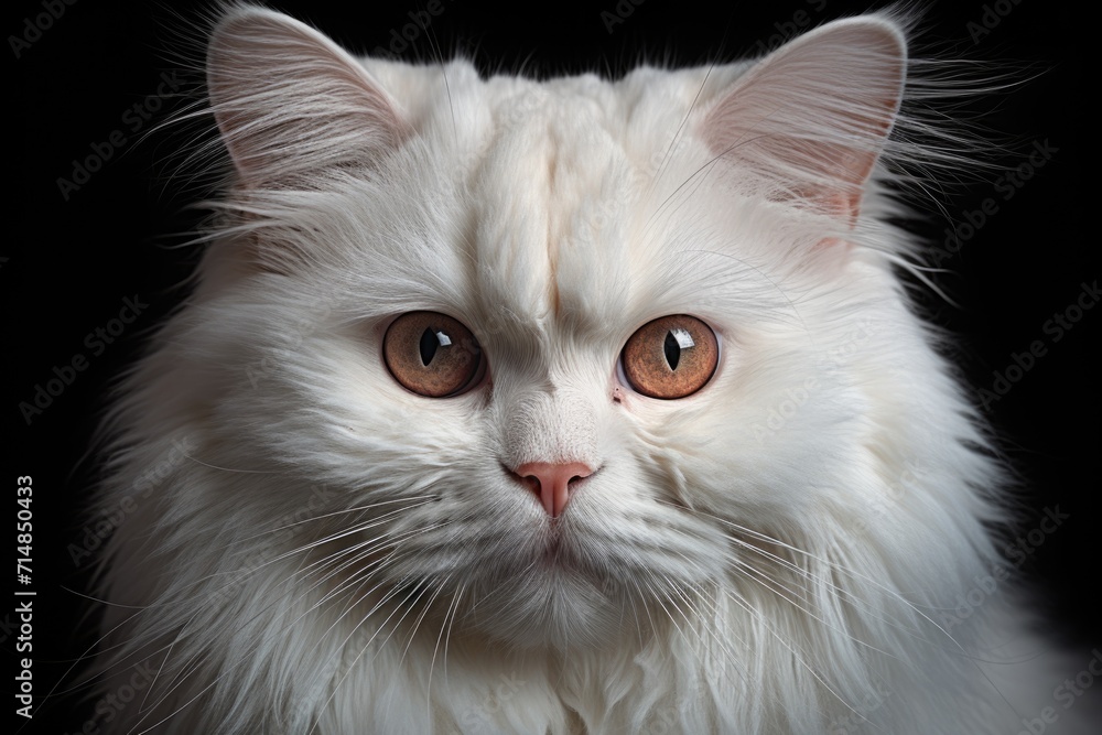 Fluffy white cat on an isolated black background, front view