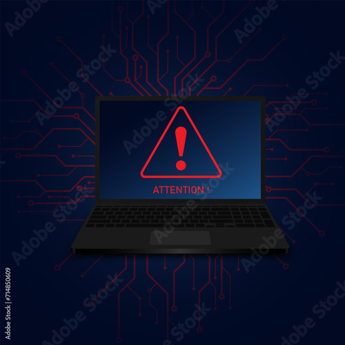 Attention warning attacker alert signs with exclamation marks on a laptop. Abstract technology blue color background. Attention Danger Hacking. Vector and Illustration.