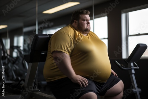 A very fat man is in training at the gym