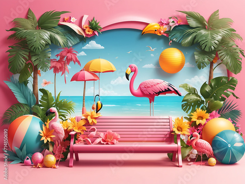 Summer 3D Realistic Stylish Modern Design Banner in Pink Patterned Background with Clipped Tropical Elements like Palm Trees, Sunflower, Beach Ball, Toucan, Flamingo, Umbrella and Bench. Vector design