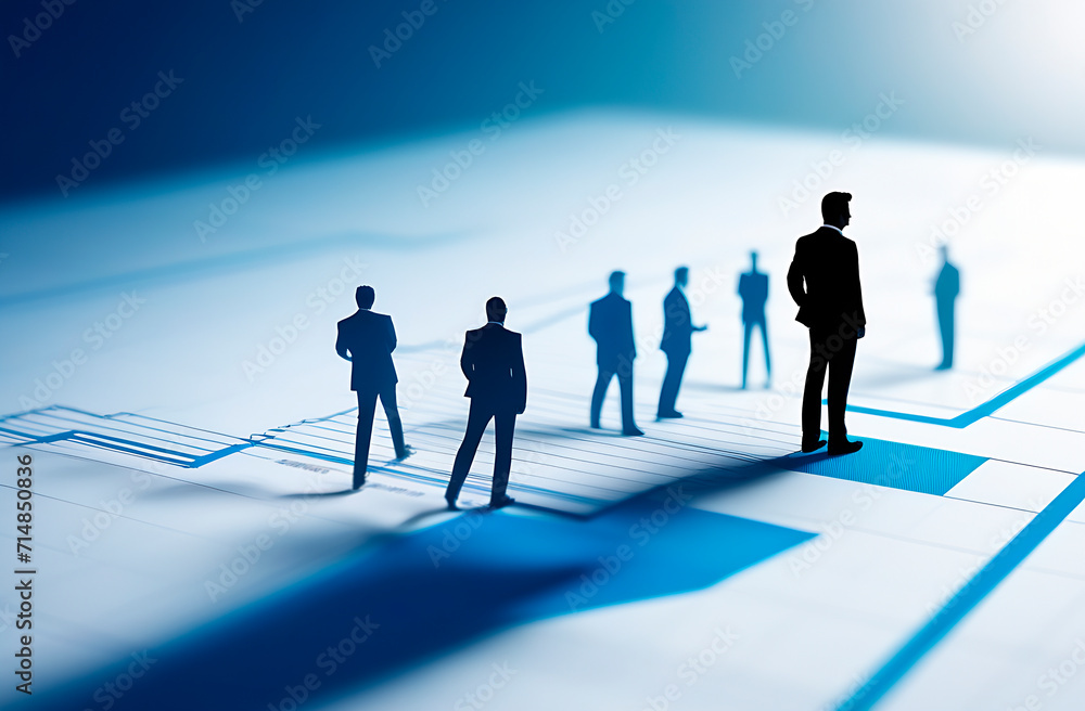 Business background, graph and silhouette of team members in business staying on the graph, finance concept on blue background Business background, graph and silhouette of team members in business staying on the graph, finance concept on blue background