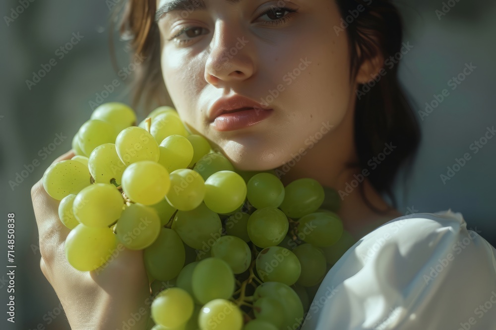 Stylish woman holding a bunch of refreshing green grapes, crisp and flavorful, presenting the elegance of these crisp and juicy grapes. Stylish woman holding a bunch of refreshing green grapes, crisp and flavorful, presenting the elegance of these crisp and juicy grapes.