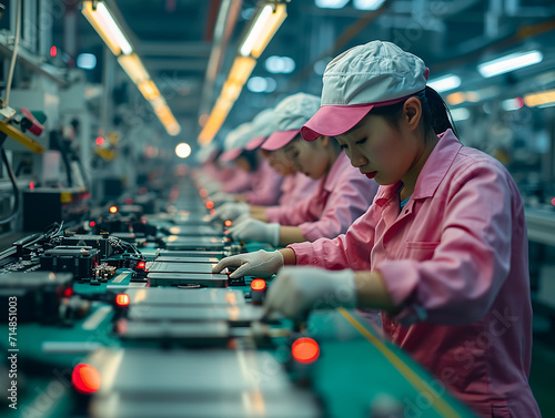  lavoratori asiatici in una fabbrica di produzione tecnologica con macchine industriali e cavi che costruiscono smartphone elettronici photo