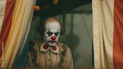 Funny sad clown with white make up face. Carnival mime artist performance. Lonely dramatic comedian grimace portrait. Scary tragicomic fun joker. Mysterious frightening comic character. Circus tent.