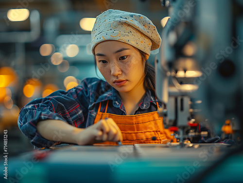 reportage fotografico di un gruppo sarte asiatiche in una fabbrica tessile che cuce con macchine da cucire industriali, sartine in uniforme, concetto di fast fashion photo