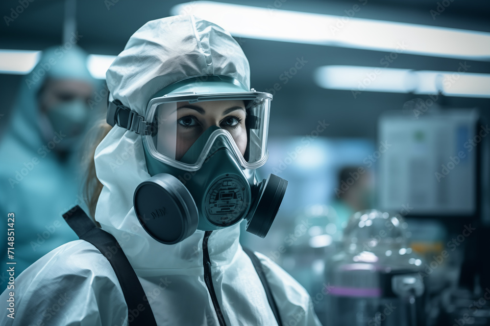 Close-up doctor wearing PPE suit and face mask and face shield in hospital Controlled area to prevent the spread of coronavirus and industrial chemicals People concept Close-up doctor wearing PPE suit and face mask and face shield in hospital Controlled area to prevent the spread of coronavirus and industrial chemicals People concept
