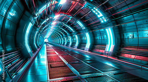 Futuristic abstract tunnel with blue neon lights, symbolizing modern technology and design.
