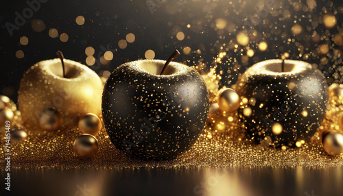 Jabłka na złotym tle, dekoracja, generative ai