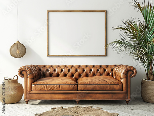 Interior design domestico in stile minimalista del soggiorno moderno. Divano in pelle marrone  shabby vicino al muro bianco con poster d'arte moderna,  photo