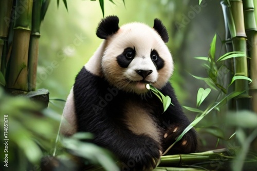 A panda in the bamboo forest  with a black and white fur and a cute face. The panda is eating and sitting on a branch  and the leaves are green and lush. The scene is adorable and peaceful.
