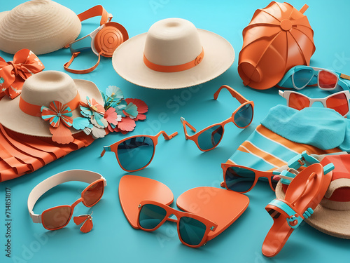 Summer beach accessories on turquoise blue background 3D Rendering, 3D Illustration design.