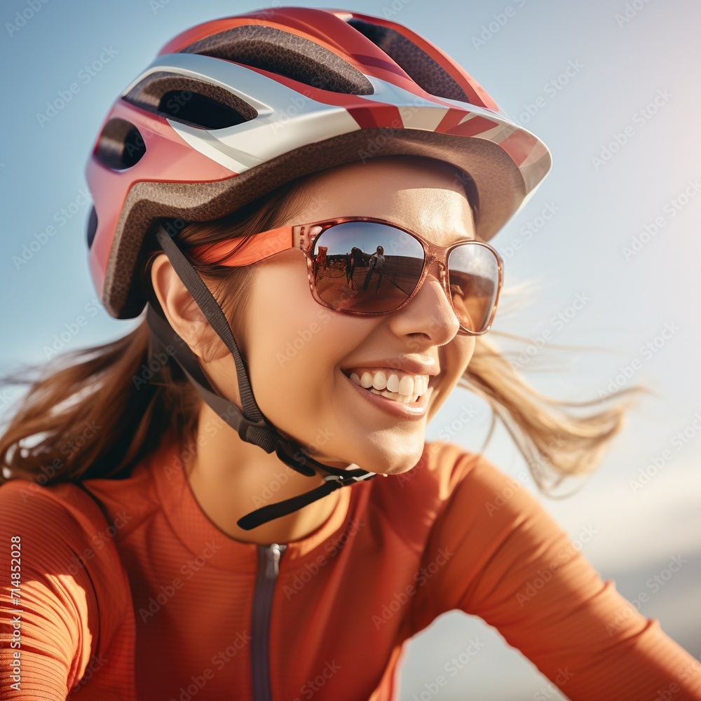 Closeup portrait of a smiling young woman wearing bicycle helmet and sunglasses. AI. Closeup portrait of a smiling young woman wearing bicycle helmet and sunglasses. AI.