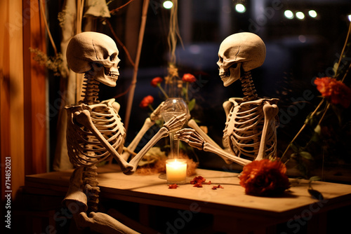 An offer of marriage. Two human skeletons during a marriage proposal.
