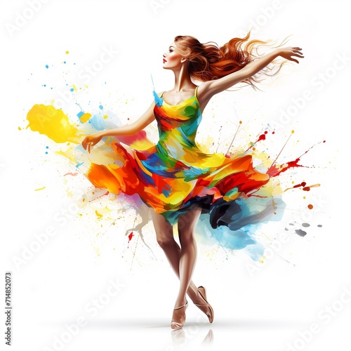 Young beautiful ballerina in a colorful dress dancing on white background. AI.