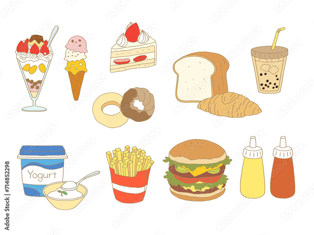 hamburger, cake, parfait, ice cream, yogurt, donut hamburger, cake, parfait, ice cream, yogurt, donut