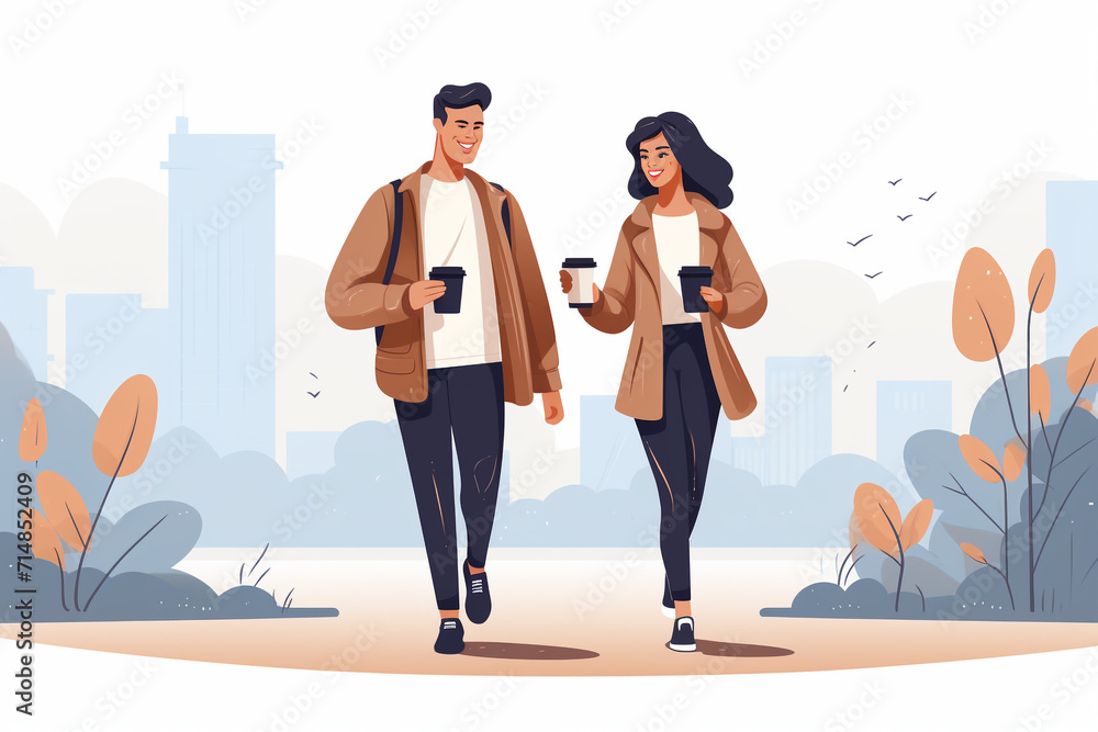 A young couple, a man and a woman, are walking through the park and drinking coffee. Vector illustration style.