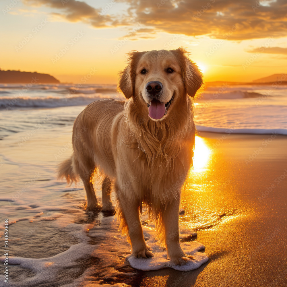 Golden retriever on the beach against sunset background